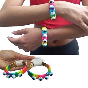 Pulseira de Luxo Courino Dourada com Fitas Neon e Olho Grego