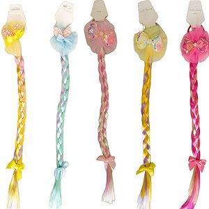 Trança Longa com Laços e Pompom 40cm