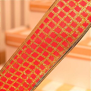Fita de Natal Quadriculada Vermelho e Ouro 6,3cm (Fita para Presente) - 1 Rolo