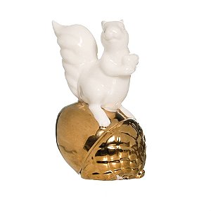 Esquilo Decorativo com Noz Lisa Ouro e Branco