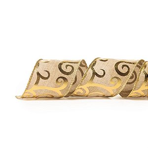 Fita de Natal Caracol Natural e Ouro 6,3cm (Fita para Presente) - 1 Un