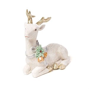 Rena de Natal Deitada Branco e Ouro Tamanho M 10cm