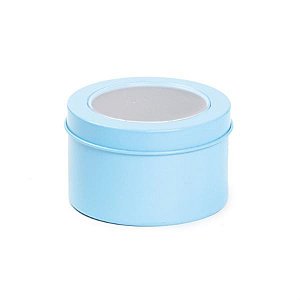 Latinha de Metal Redonda com Visor Azul Claro 7,5x4,5