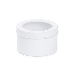 Latinha de Metal Redonda com Visor Branco 7,5x4,5