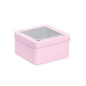 Latinha de Metal Quadrada com Visor Rosa Claro 8,5x8,5