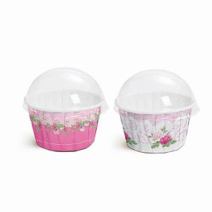 Kit Forminhas Cupcake com Tampa Compose Floral Rosa Médio 4,5 x 6 cm - 20 Un