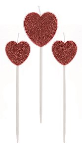Vela Três Corações Glitter Vermelha - 3 Un