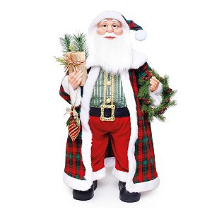 Boneco de Papai Noel Casaco Xadrez Vermelho e Verde Bandeira e Branco de 78cm