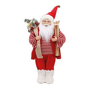 Boneco de Papai Noel em Pé Colete Camisa Listrada e Ski Vermelho e Branco de 46cm