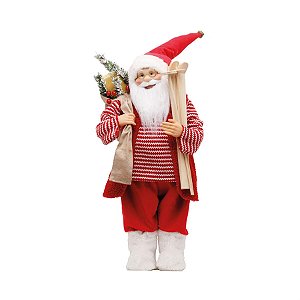 Boneco de Papai Noel em Pé Colete Camisa Listrada e Ski Vermelho e Branco de 62cm