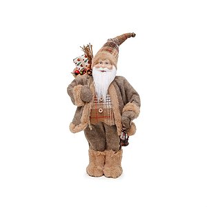 Boneco de Papai Noel em Pé Colete Camisa Xadrez e Lanterna Marrom de 46cm