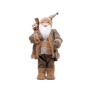 Boneco de Papai Noel em Pé Colete Camisa Xadrez e Lanterna Marrom de 62cm