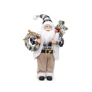 Boneco de Papai Noel em Pé Xadrez Preto e Branco de 45cm