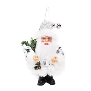 Boneco de Papai Noel com Pinheiro e Candy Cane Prata de 12cm - Jogo com 3 Peças