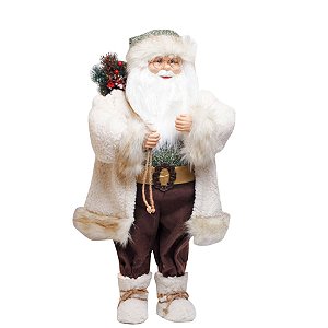 Boneco de Papai Noel em Pé com Saco de Presente Marrom e Branco e Verde de 83cm