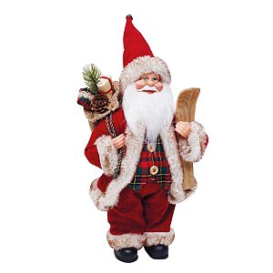 Boneco de Papai Noel com Esqui e Lanterna Vermelho e Bege de 32cm