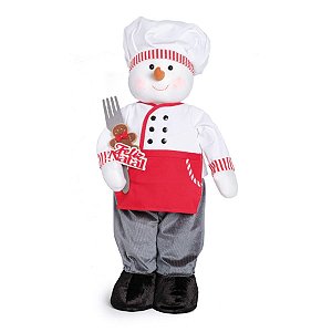 Boneco Neve Cozinheiro em Pé com Placa Vermelho e Cinza e Branco
