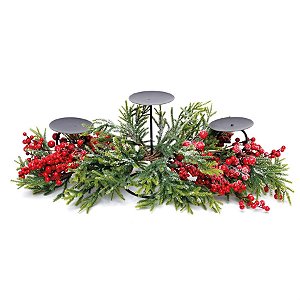 Porta 3 Velas Folhas com Frutas Vermelho e Verde