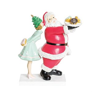 Papai Noel com Donuts ao Lado de Mulher Vermelho e Azul