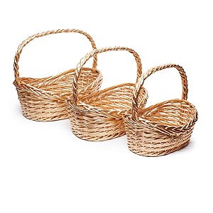 Cestas 3 Tamanhos Oval Madeira Vime Ouro P / M / G - 3 Un