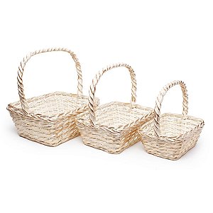 Cesta 3 Tamanhos Quadrado Madeira Vime Creme e Ouro P / M / G - 3 Un
