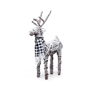 Rena de Natal Rattan com Cachecol Xadrez Marrom e Preto e Branco M 67cm
