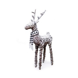 Rena de Natal Rattan com Cachecol Xadrez Marrom e Preto e Branco G 85cm