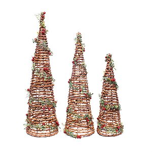 Cone Rattan com Folhas Cru e Vermelho e Verde Bandeira - 3 Peças