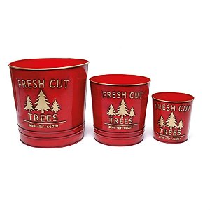 Jogo Cachepot de Metal Pinheiro Vermelho e Dourado - 3 Un