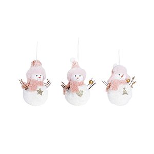 Enfeite para Pendurar - Boneco de Neve com Gorro Branco e Rosa Claro - 6 Un
