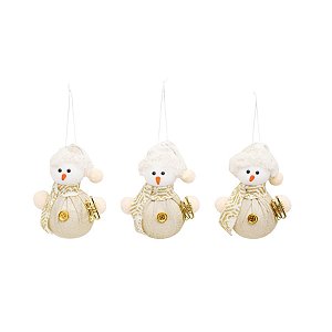Enfeite para Pendurar - Boneco de Neve Bolinha Ouro e Branco - 3 Peças