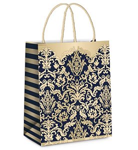 Sacola Laminada Adamascado Marinho e Ouro M 26x19,5x9,5 - 10 Un