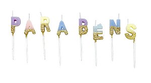 Vela Parabens Pastel com Dourado - 8 Un