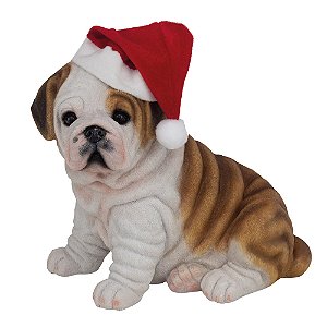 Cachorro Decorativo Bulldog Sentado Branco e Marrom 28cm