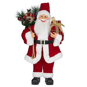 Papai Noel Decorativo Segurando Caixa De Presente Xadrez 60cm