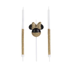 Vela Minnie 360 Meio Glitter Dourada - 3 Un