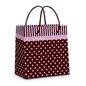 Sacola Laminada Poá Marrom/Rosa PP 14X13X6 - 10 Un