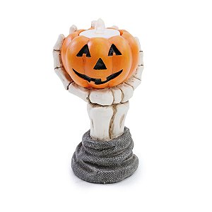 Castiçal Decorativo Mão Esqueleto Com Abóboras para Decoração de Halloween - Cromus - 1Un