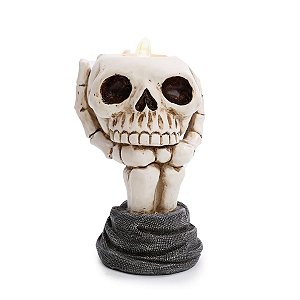 Castiçal Decorativo Mão Esqueleto Com Crânio para Decoração de Halloween - Cromus - 1 Un