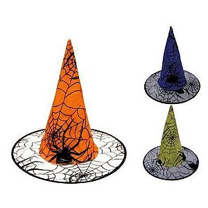 Chapeu Bruxa Teia de Aranha Halloween - Cores Variadas - 36 Cm