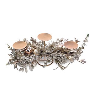 Porta Vela Triplo Folhas Bolas Pinhas Cha 60cm   - 1 Un