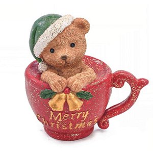 Decoração Urso Dentro Da Xícara Verde Amarelo e Marrom 8cm - 1 Un
