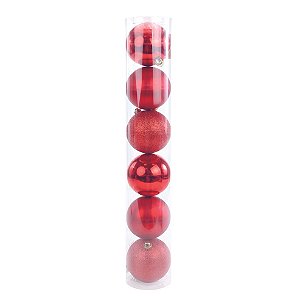 Bola Tubo Brilho/Fosco/Glitter Vermelho 8cm - Jogo com 6 Peças
