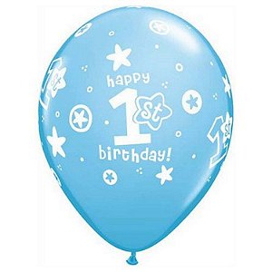 Balão Qualatex 11" - Redondo Azul Claro - Happy 1St Birthday!-Menino - 50 Un