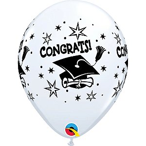 Balão Qualatex 11" - Redondo Branco - Congrats!-Chapéu - 50 Un