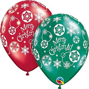 Balão Qualatex 11" - Redondo Esmer E Rubi - Merry Christmas!-Flocos - 50 Un