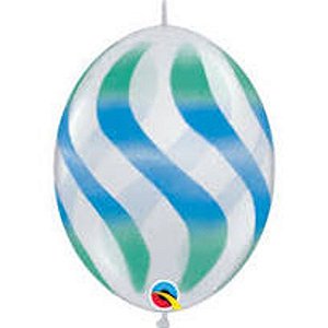 Balão Qualatex 12" - Q-Link Diamante Transparente - Listras Onduladas Verdes E Azuis - 50 Un