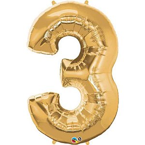 Balão Qualatex 34" - Número Três Ouro - 1 Un