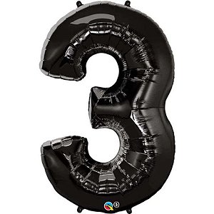 Balão Qualatex 34" - Número Três Preto Onix - 1 Un