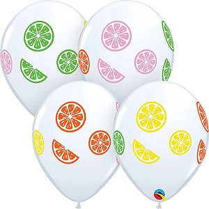 Balão Qualatex 11" - Redondo Branco - Rodelas De Frutas Coloridas - 50 Un